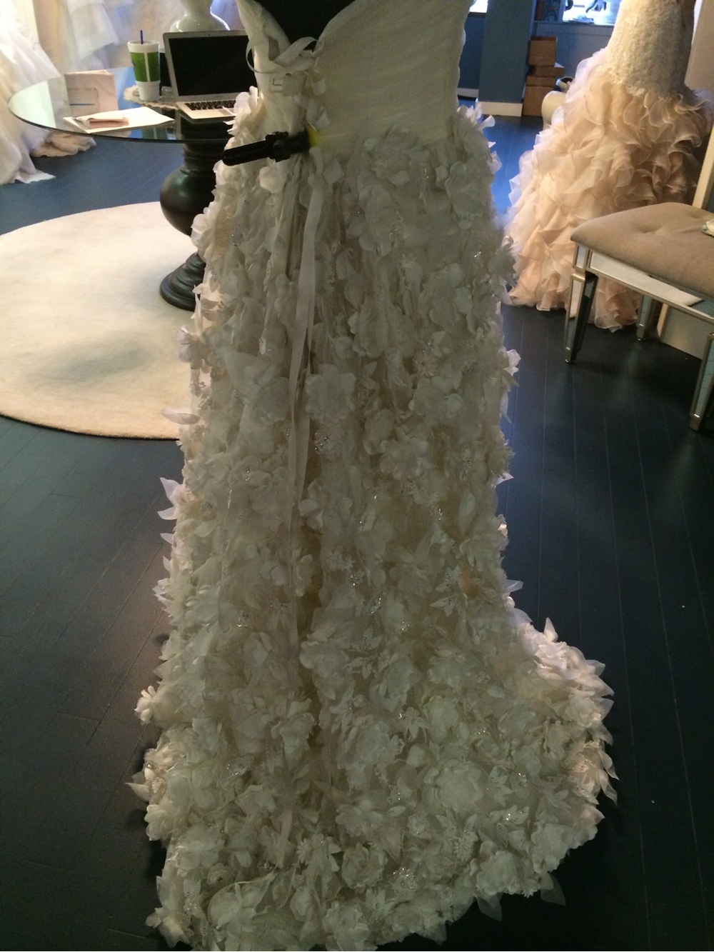 Strapless Floral Appliqué Wedding Dress in Ivory. Belt is sewn on